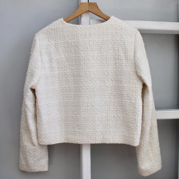 H&M Women's Cream Rhinestone Pearl Buttons Tweed Cropped Jacket Blazer Medium - Picture 2 of 5